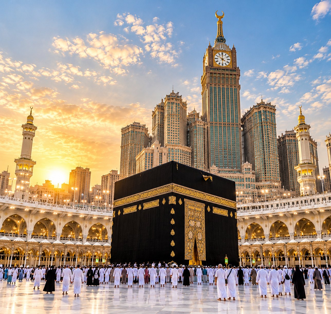 غروب آفتاب کے وقت مسجد الحرام میں خانہ کعبہ، اور پیچھے مکہ کلاک ٹاور