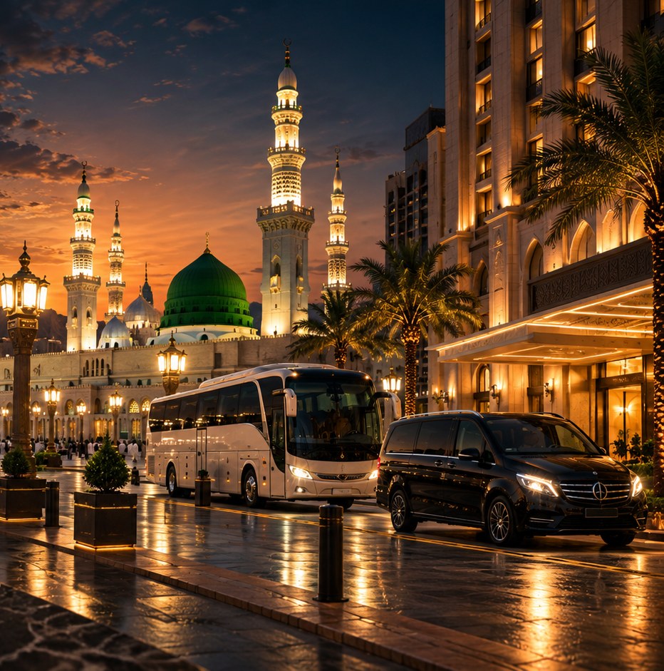 غروب آفتاب کے وقت مسجد نبوی، اور قریبی ہوٹل کے سامنے لگژری کوچ اور پرائیویٹ گاڑی
